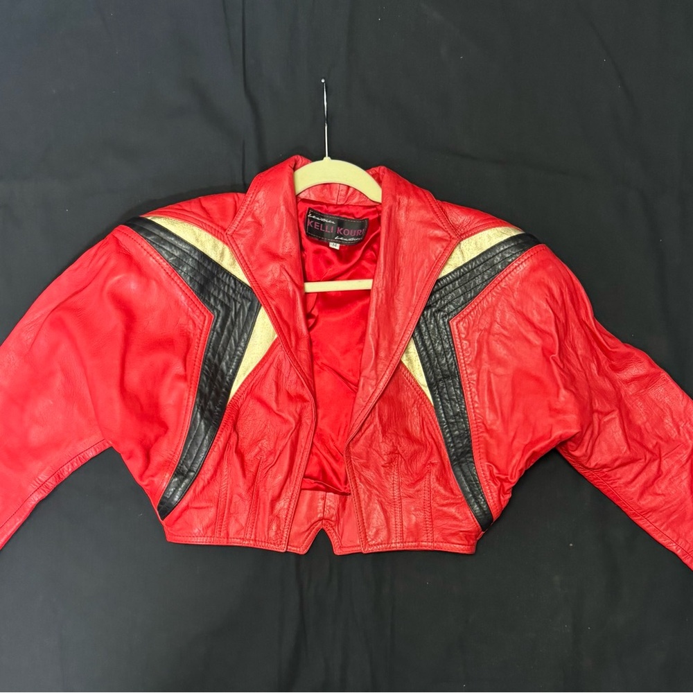 Kelli Kouri Leather Vintage Red, Black & Gold Cropped Bolero Jacket